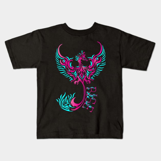 Rise up like a Phoenix from the ashes. Pink and Blue Phoenix in a Tribal / Tattoo Art style Kids T-Shirt by Designs by Darrin